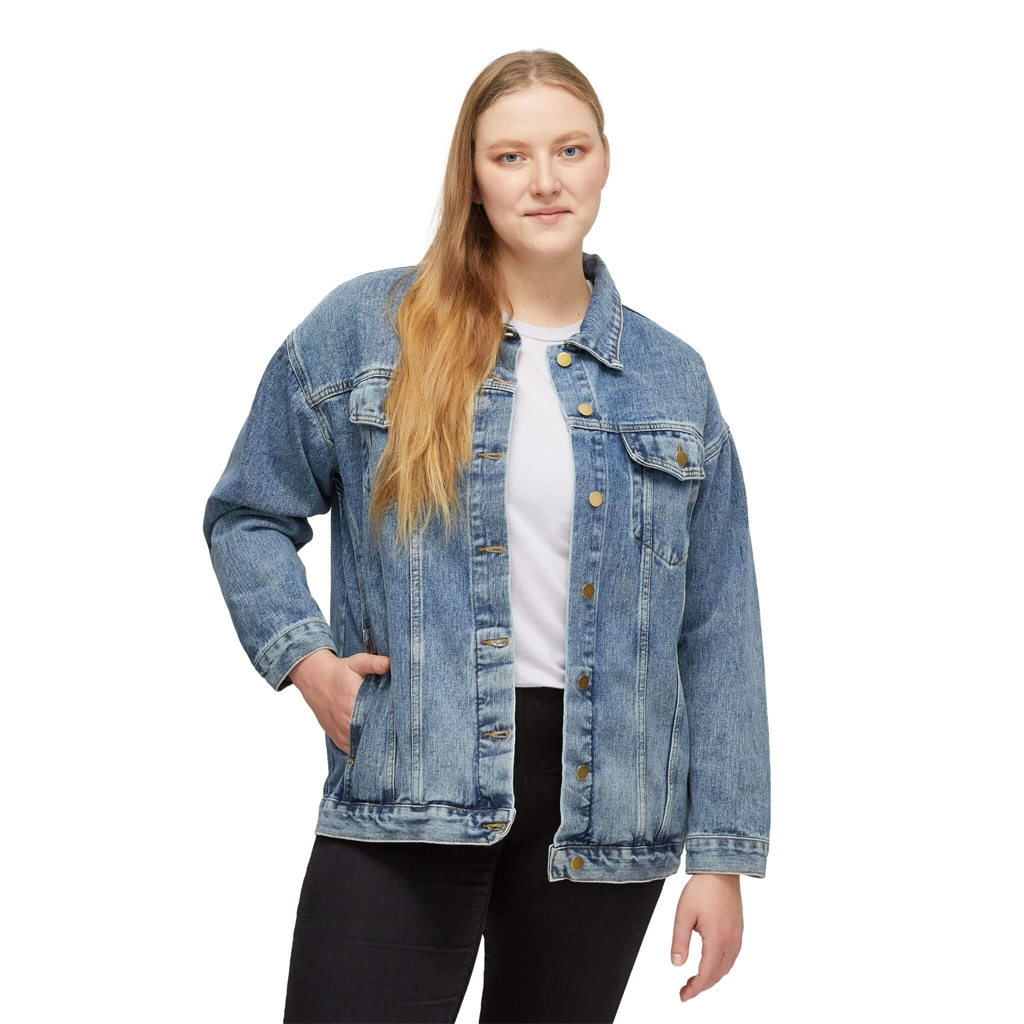 Women’s medium wash denim jacket with button front and chest flap pockets