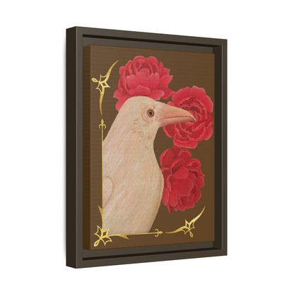 Framed matte canvas wall art featuring a white bird with red peonies, dark frame