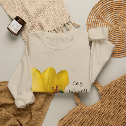 Cream crewneck sweatshirt with yellow frog tulip graphic and &