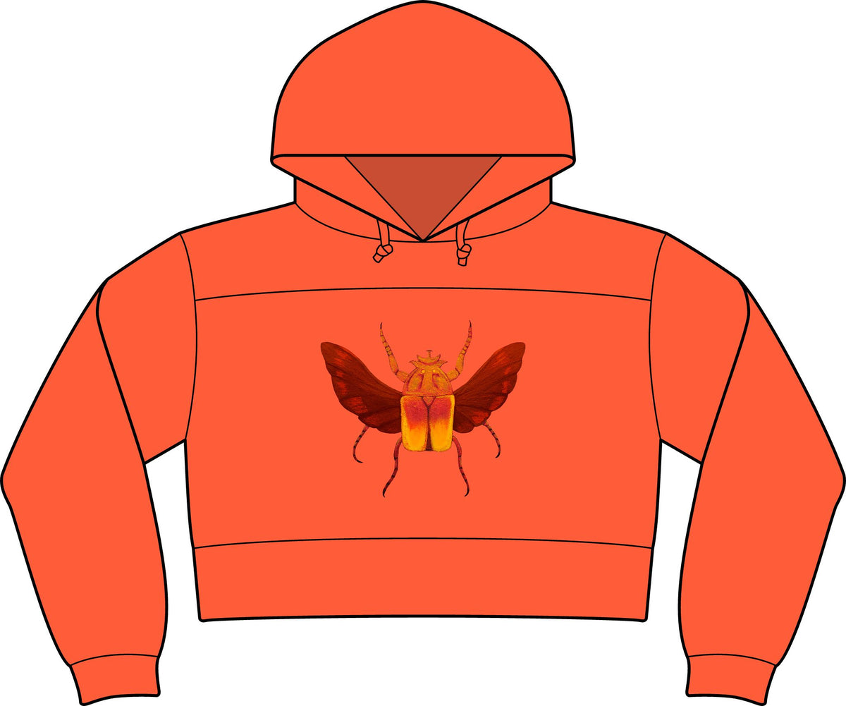 Cropped fleece hooded sweatshirt in orange-red, featuring insect graphic and front pocket.