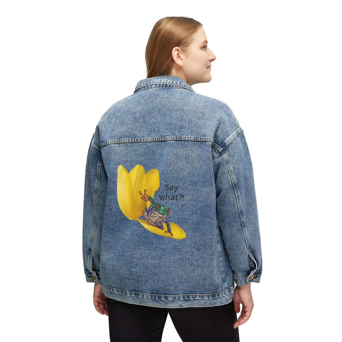 Women’s medium wash denim jacket, button front; back shows yellow graphic