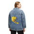 Women’s medium wash denim jacket, button front; back shows yellow graphic