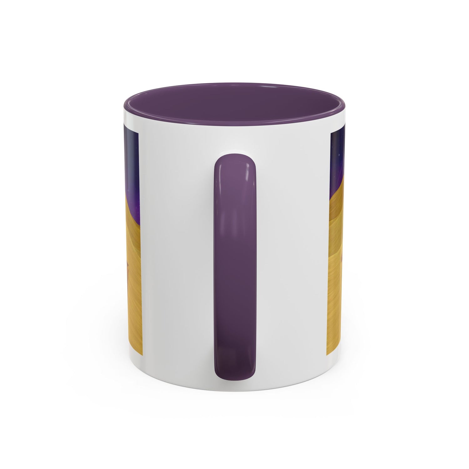 White coffee mug with purple rim and handle; vertical glossy panel on the front