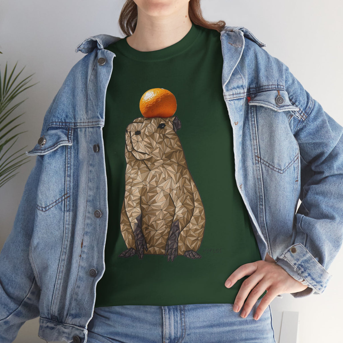 Unisex dark green T-shirt with geometric capybara graphic and orange top