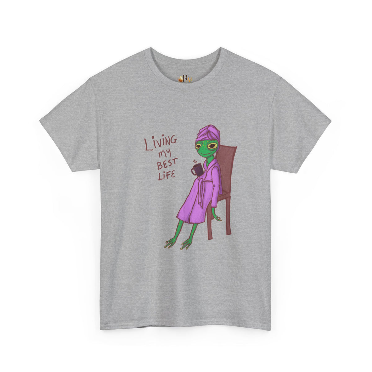 Sport gray graphic t-shirt with purple alien-girl character and red &