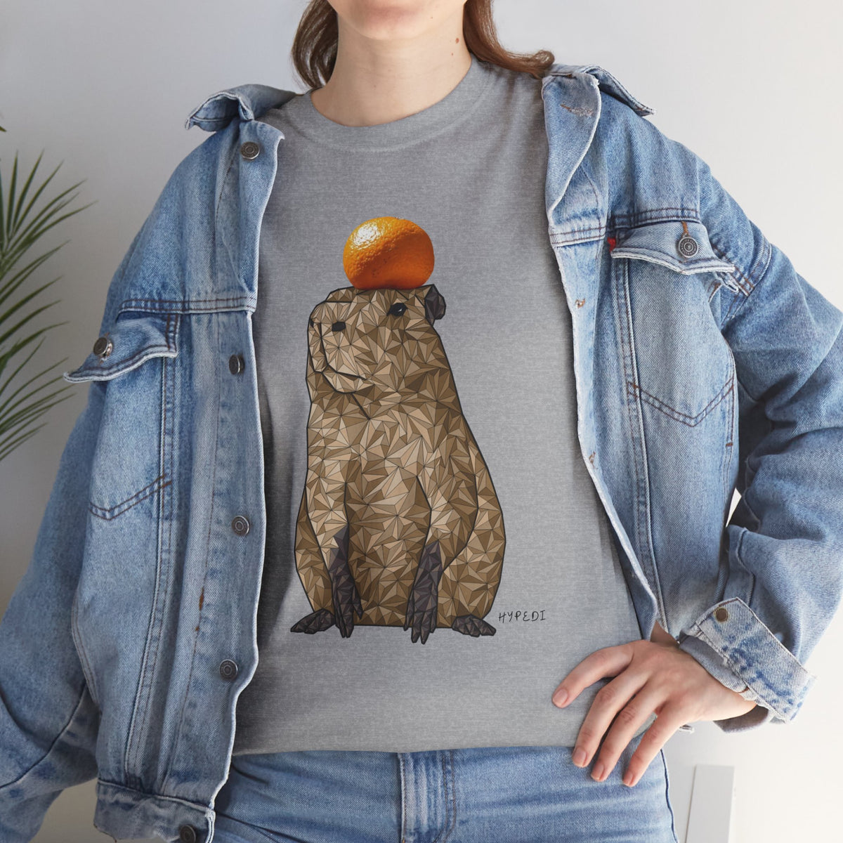 Unisex heavy cotton T-shirt in sport grey with capybara and orange fruit print