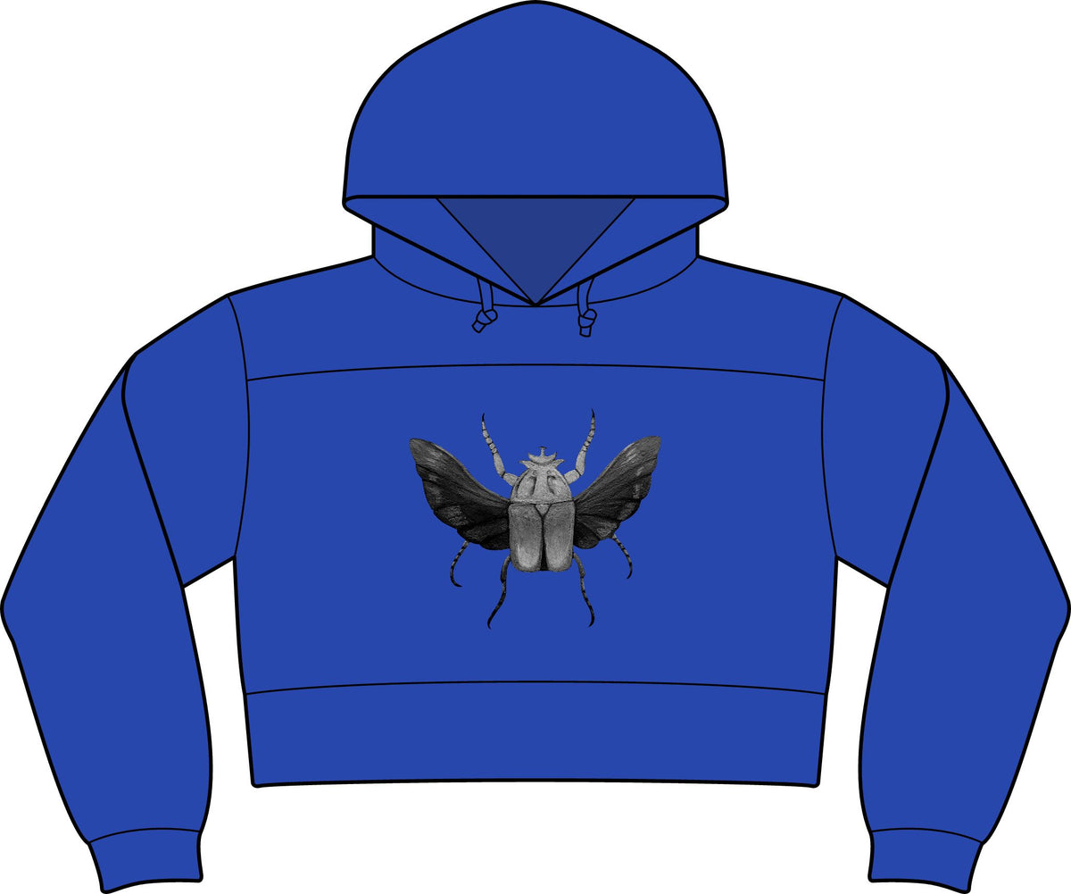 Cropped fleece hooded sweatshirt in royal blue, featuring insect graphic and front pocket.