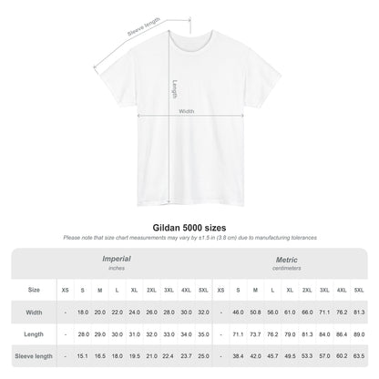 White graphic t-shirt with measurement chart showing width and length