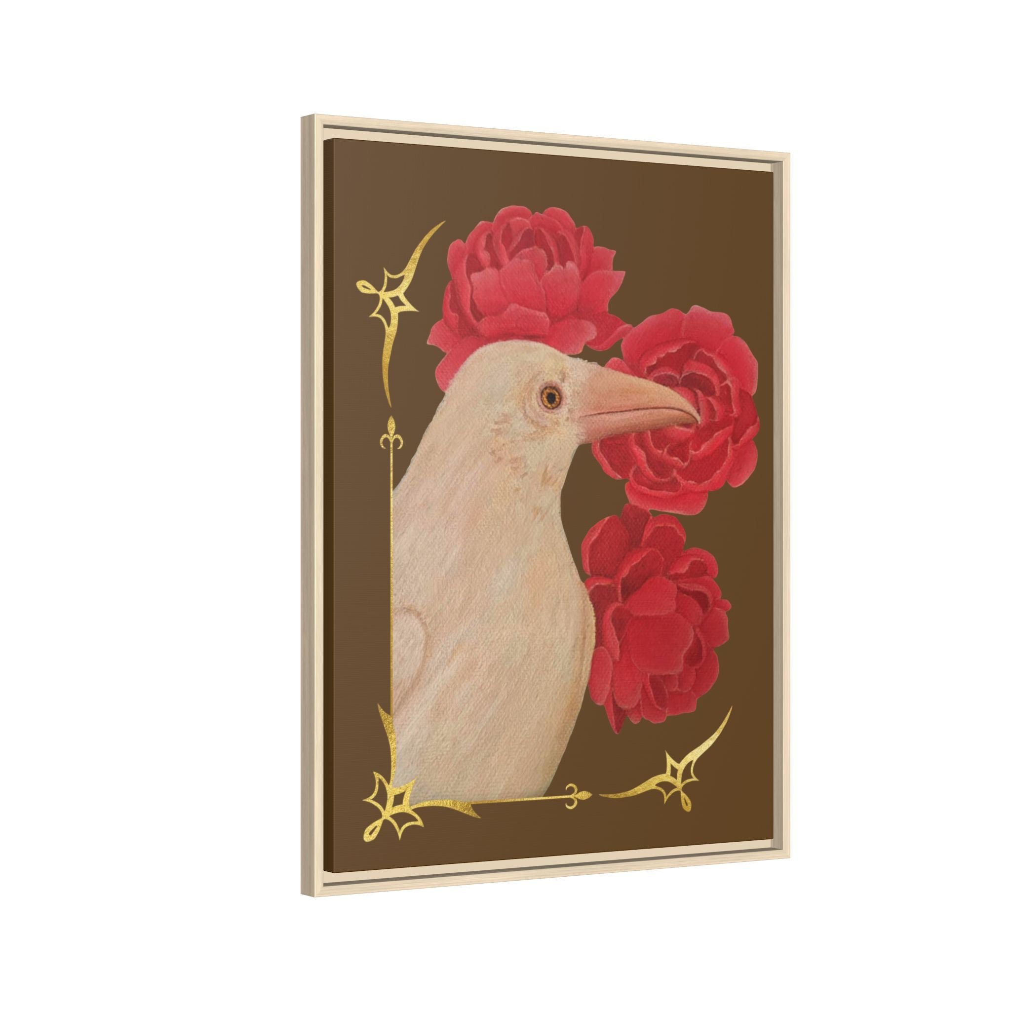 Framed matte canvas wall art with white bird and red peonies, natural wood frame