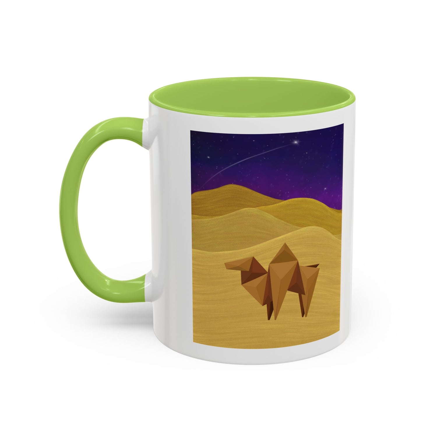Coffee mug with night-sky origami camel, white with green handle and interior.