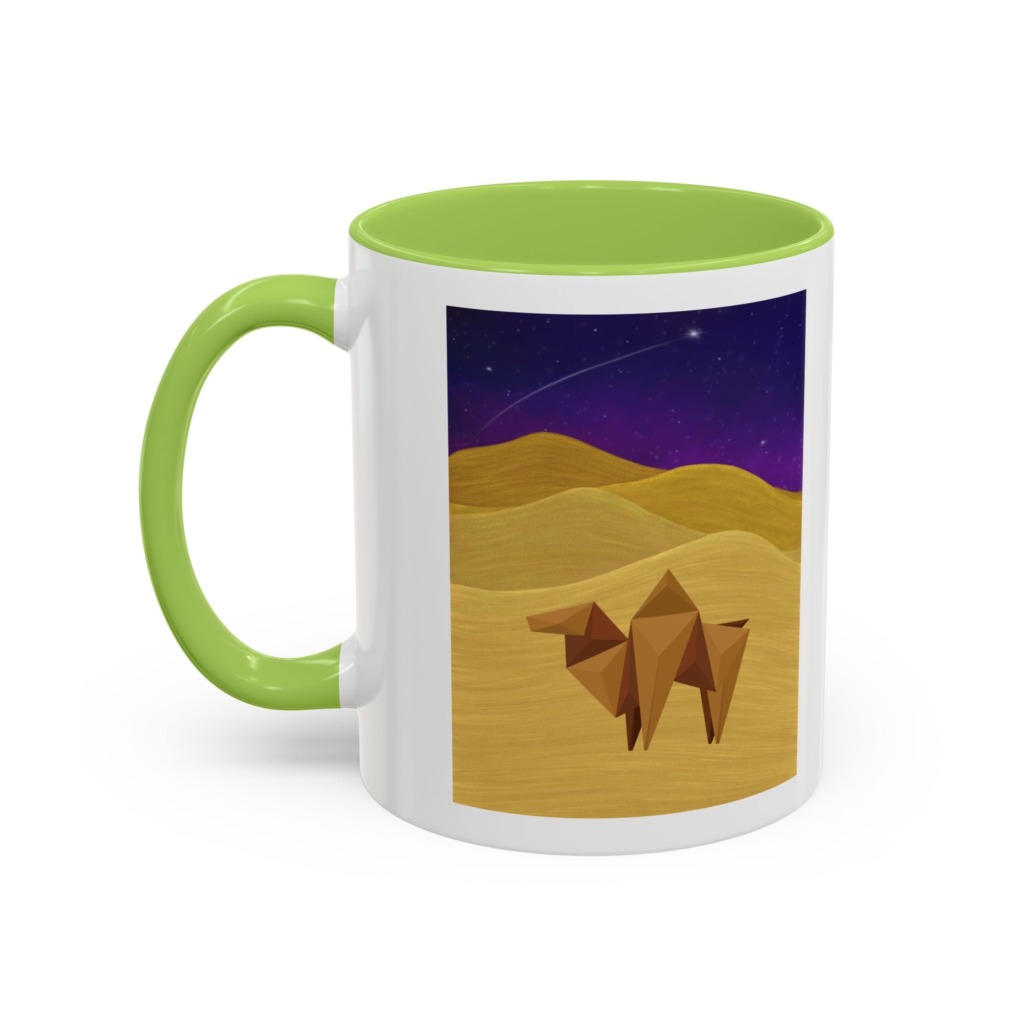 Coffee mug with night-sky origami camel, white with green handle and interior.
