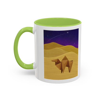 Coffee mug with night-sky origami camel, white with green handle and interior.