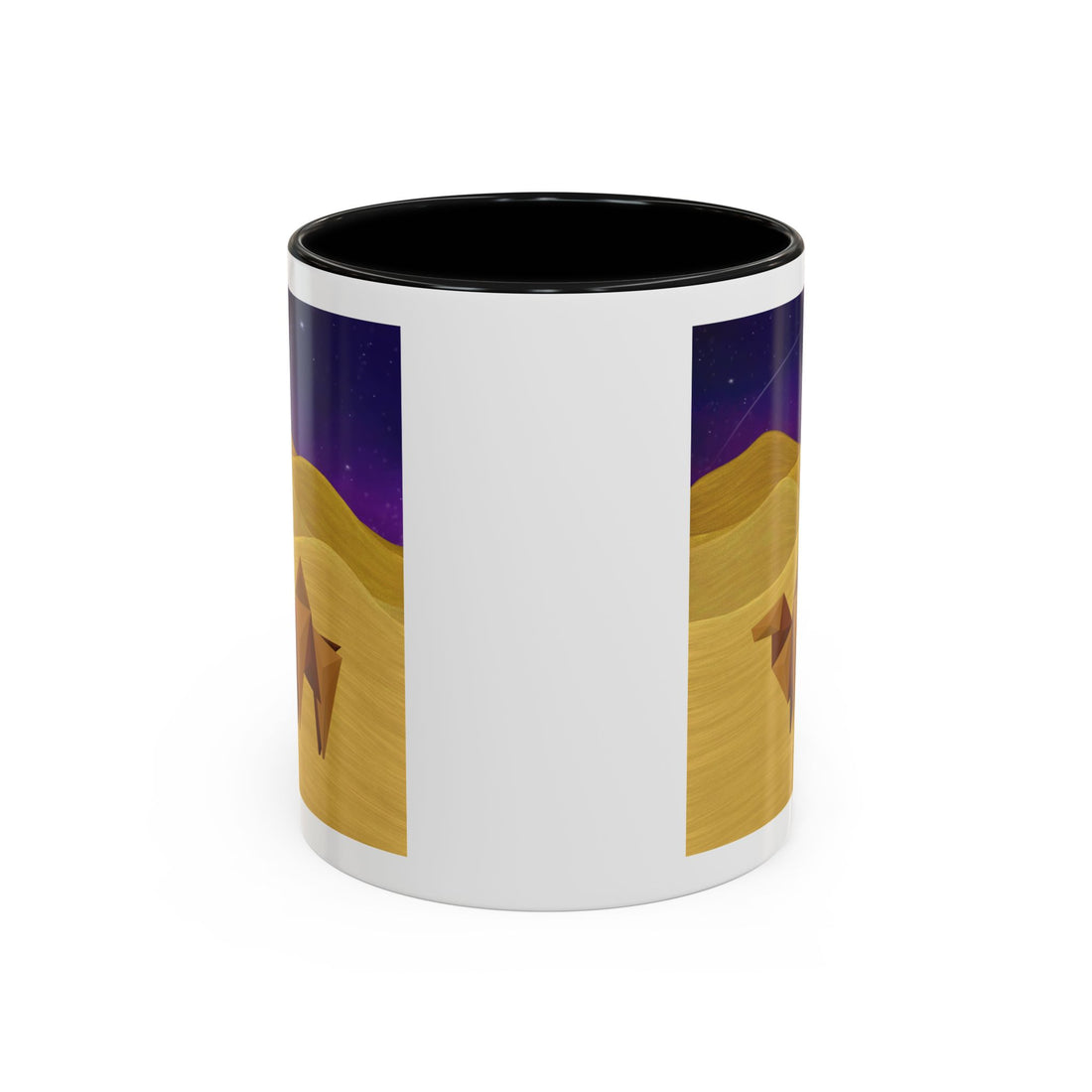 Coffee mug with origami camel night-sky graphic, white body, black interior lid