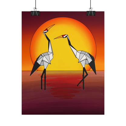 Origami cranes sunset poster featuring two origami crane figures facing each other
