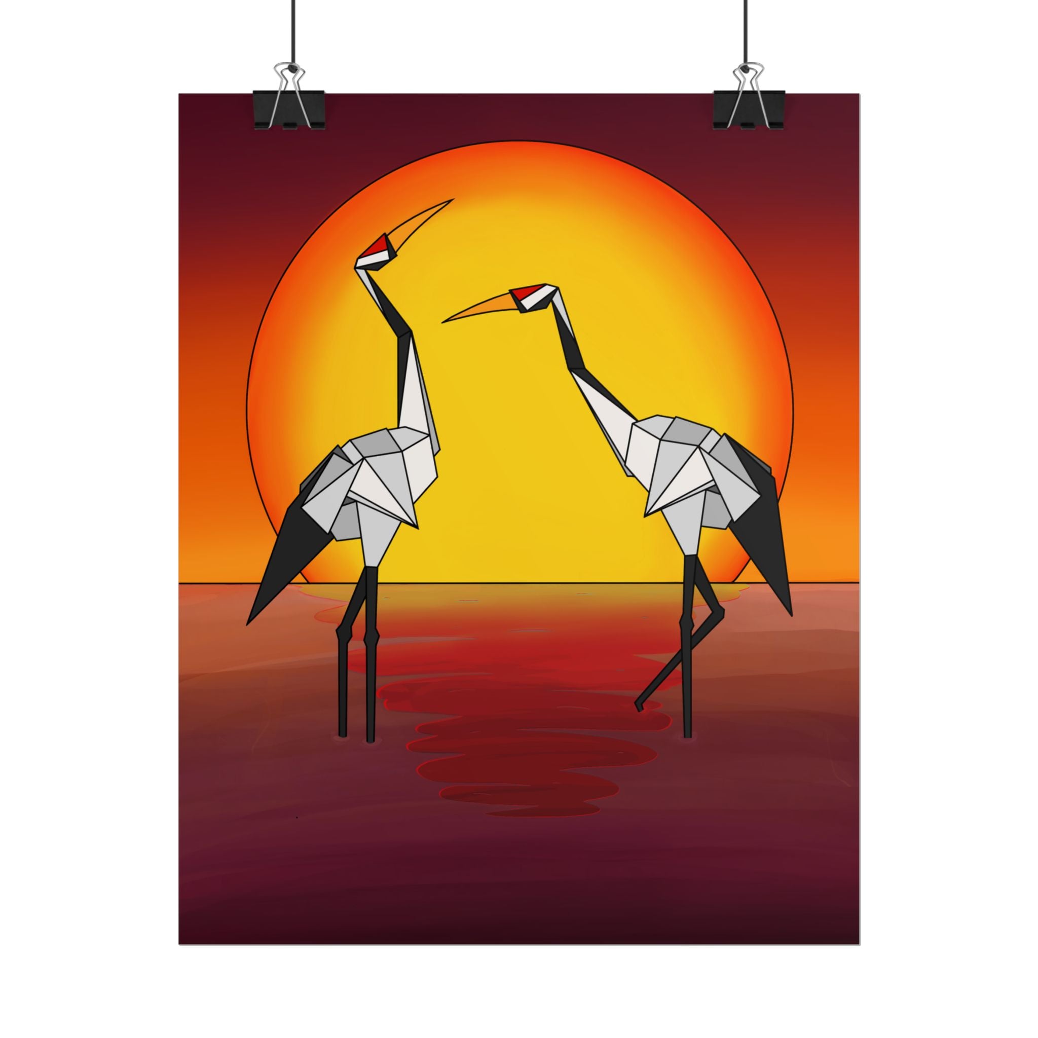 Origami cranes sunset poster with two cranes in gray and black origami style