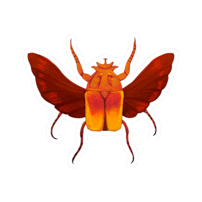 Large beetle kiss-cut sticker featuring red wings and orange thorax, white outline on white