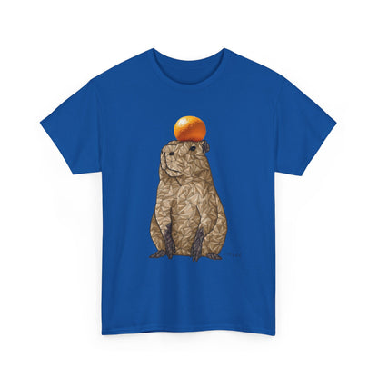 Royal blue unisex crewneck T-shirt with orange-capped capybara graphic