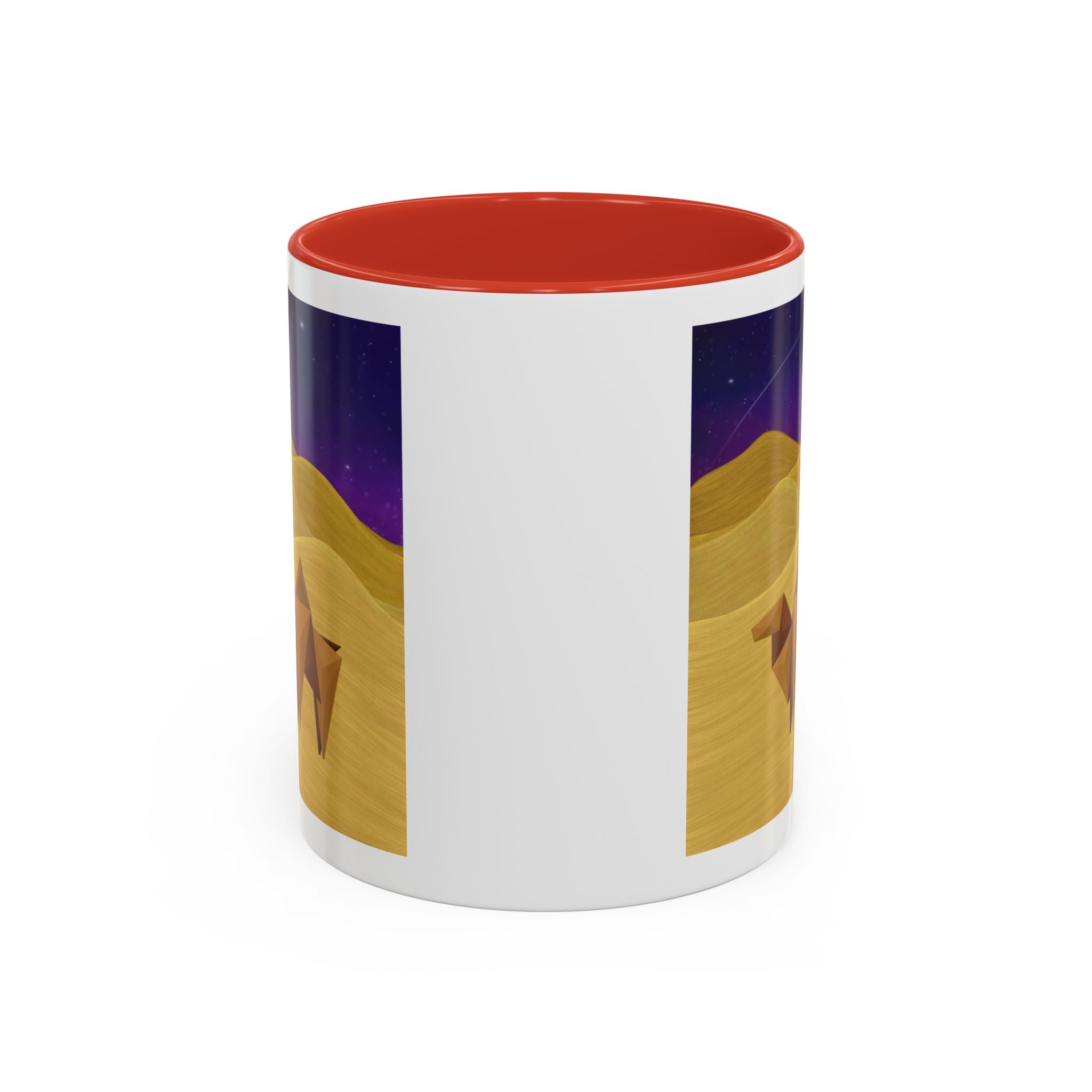 Coffee mug with origami camel night-sky graphic, white body, red interior lid