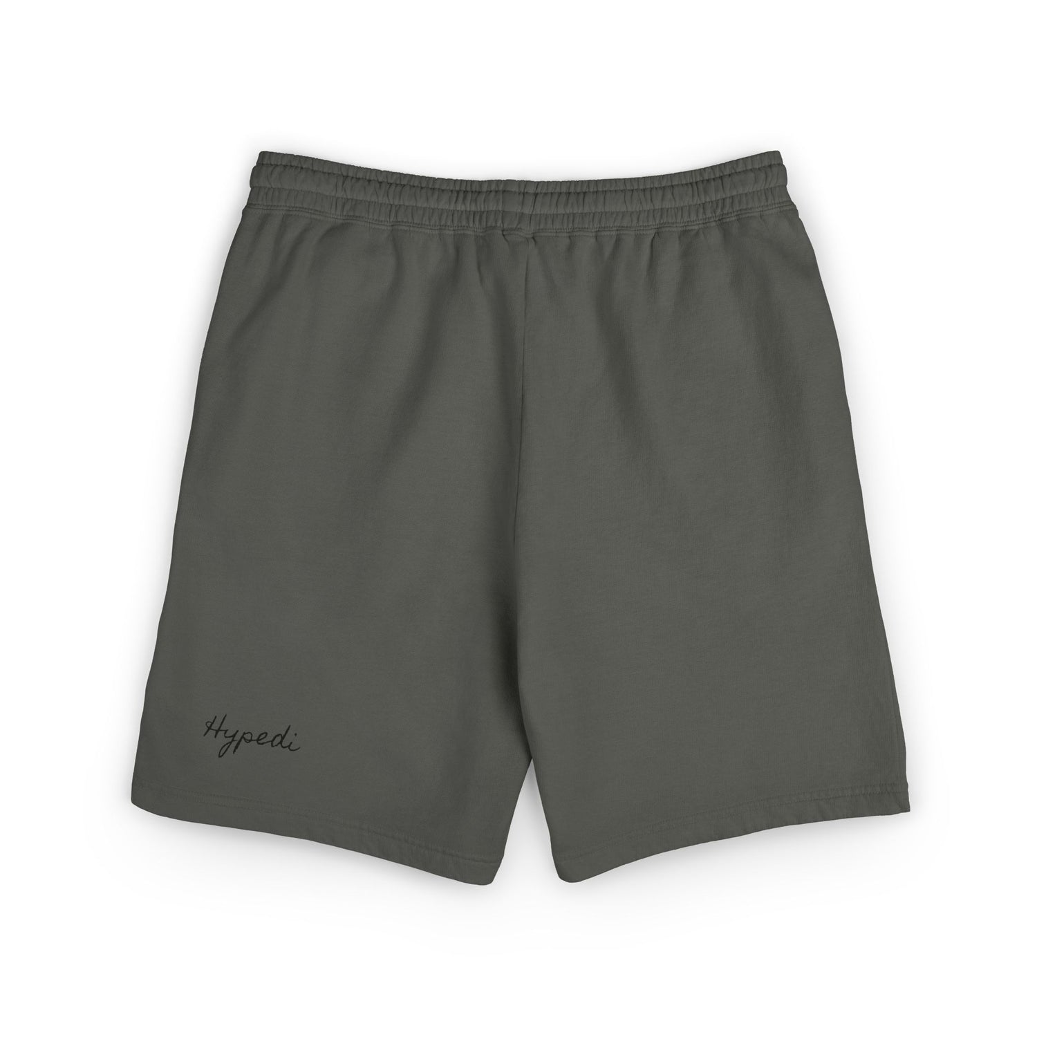 Dark gray sweat shorts with elastic waistband and small “Hypedi” text logo