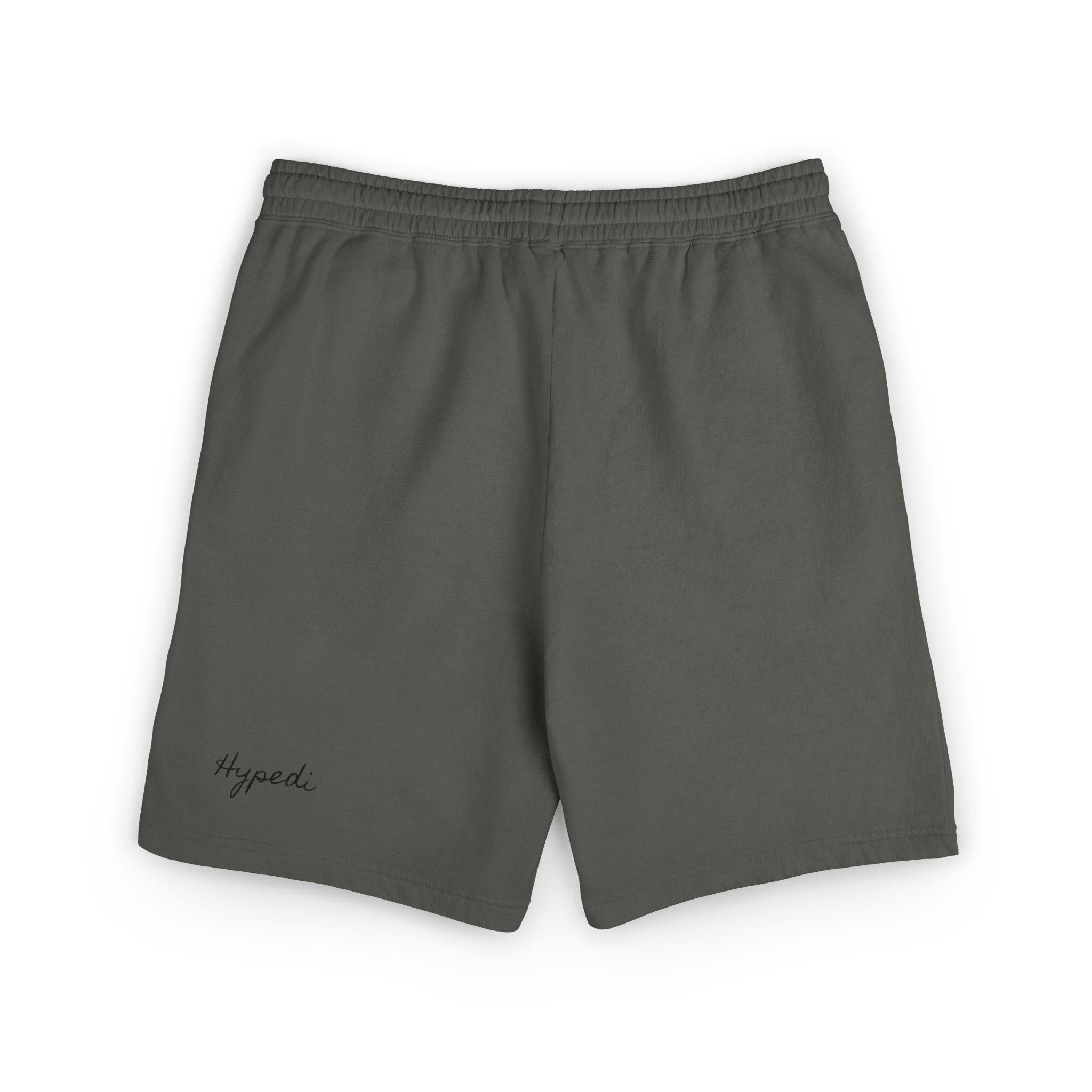 Dark gray sweat shorts with elastic waistband and small “Hypedi” text logo