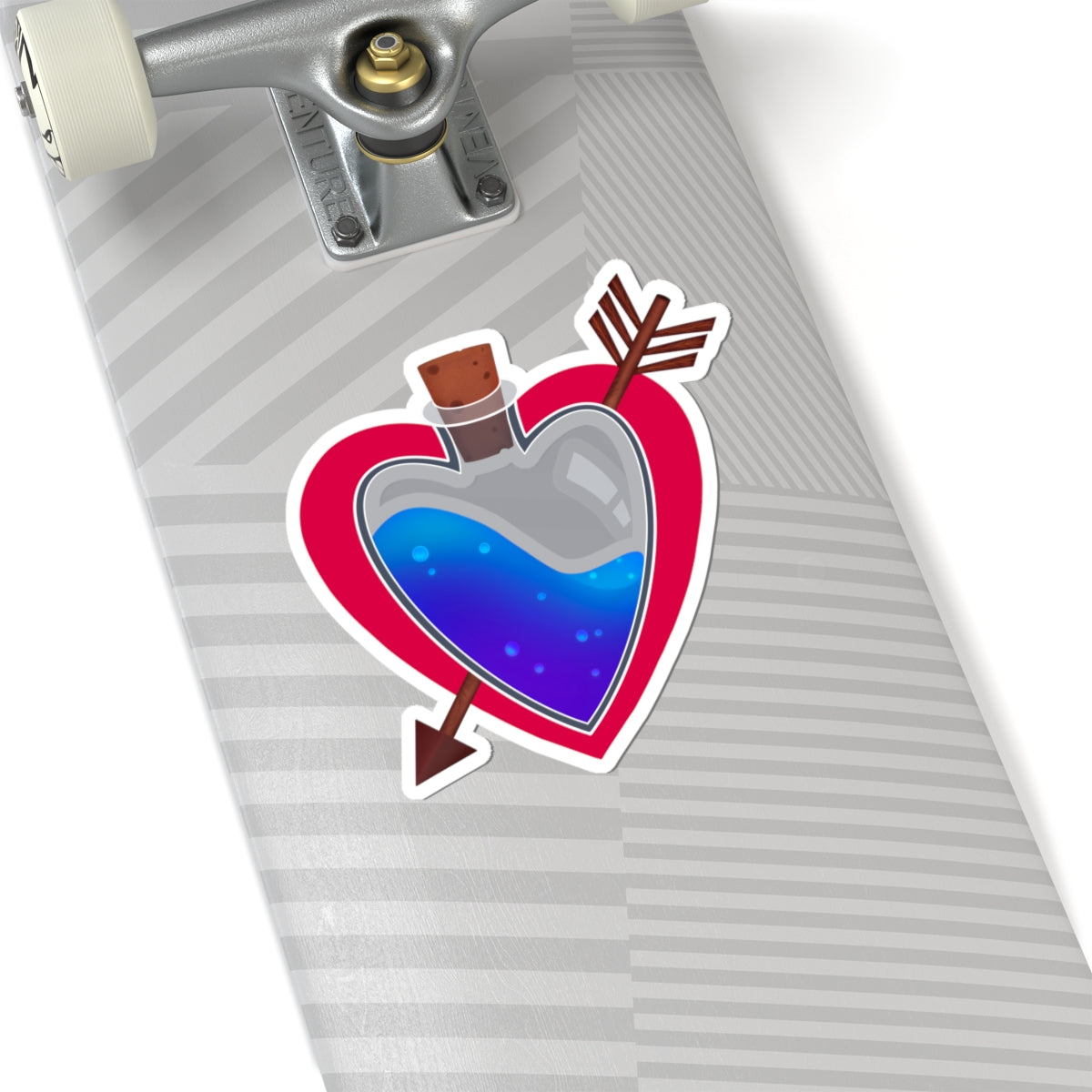 Heart potion sticker on a skateboard deck with gray stripes, blue liquid flask and red border