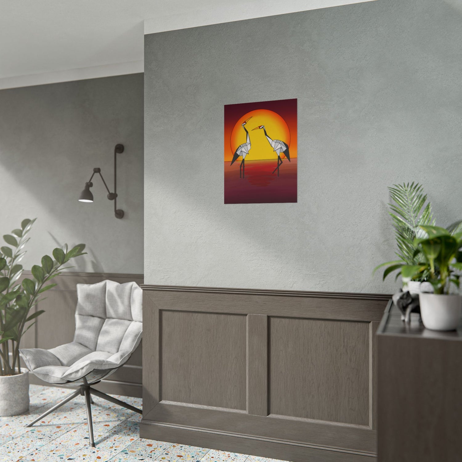 Wall-hung sunset origami crane poster with two yellow cranes and orange glowing halo