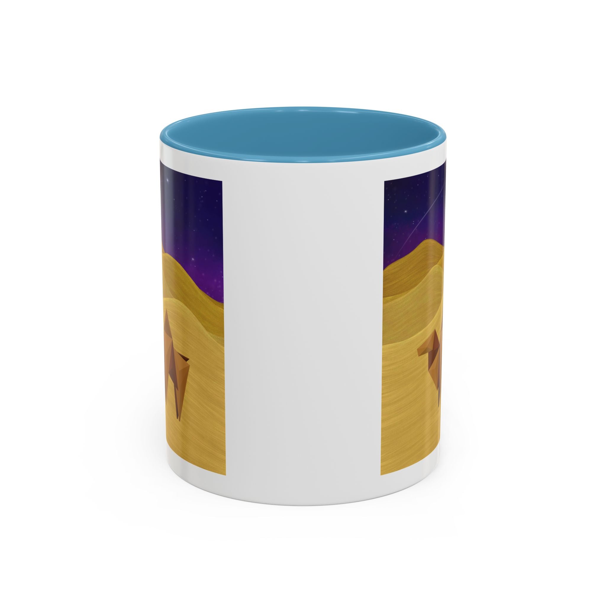 Coffee mug with origami camel night-sky graphic, white body, light blue interior lid