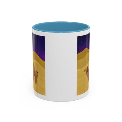 Coffee mug with origami camel night-sky graphic, white body, light blue interior lid