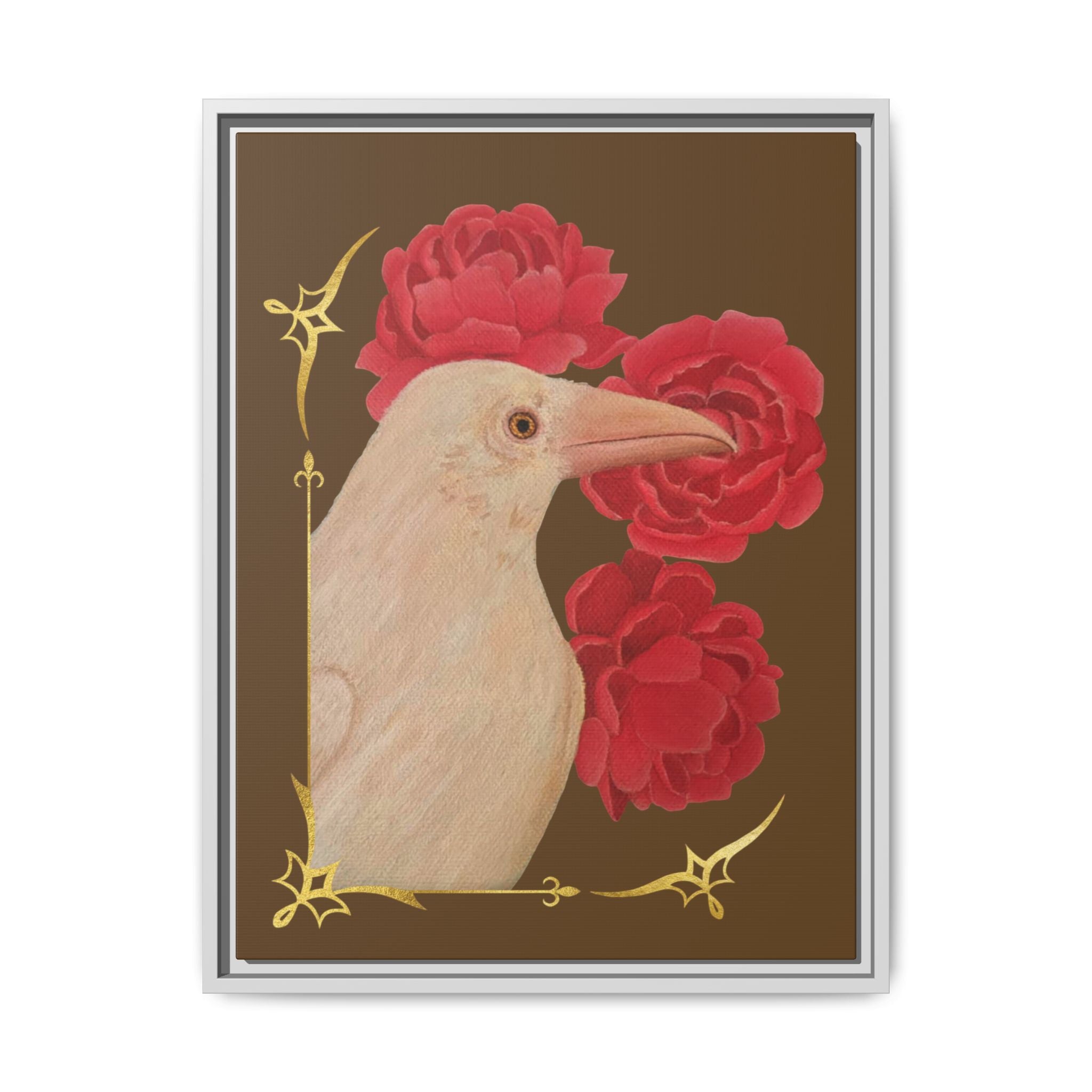 Framed art print close-up of white raven beside red peonies, light gray frame
