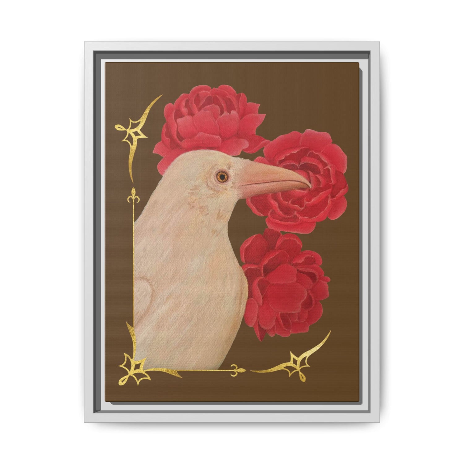 Framed canvas art print of a white raven with red peonies, gray frame