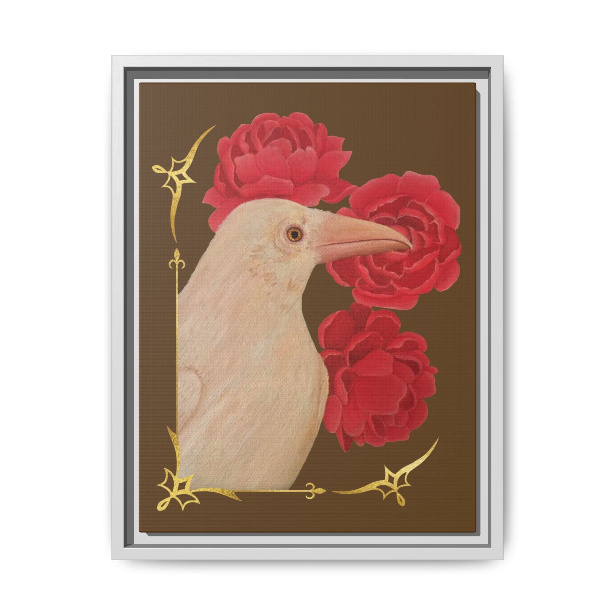 Framed canvas art print of a white raven with red peonies, gray frame