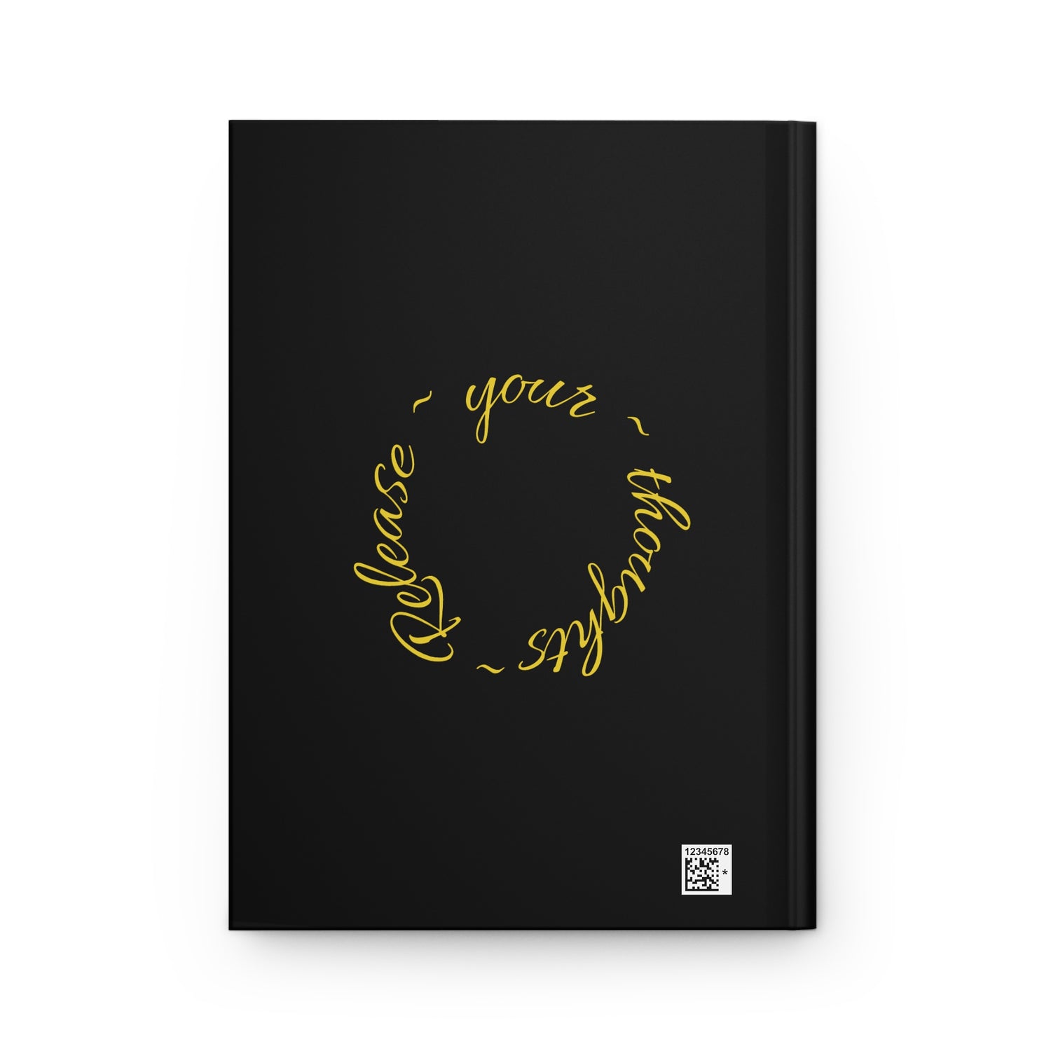 Hardcover matte journal back cover with gold cursive quote and small QR code