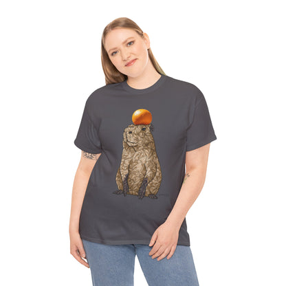 Charcoal unisex crewneck T-shirt with orange-capped capybara graphic