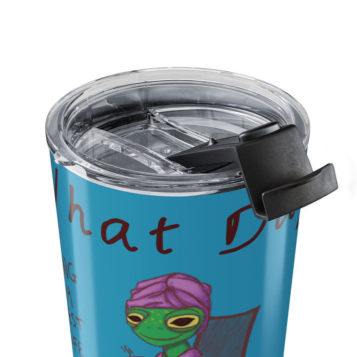 Blue travel mug with clear lid and black latch, close-up of turtle graphic