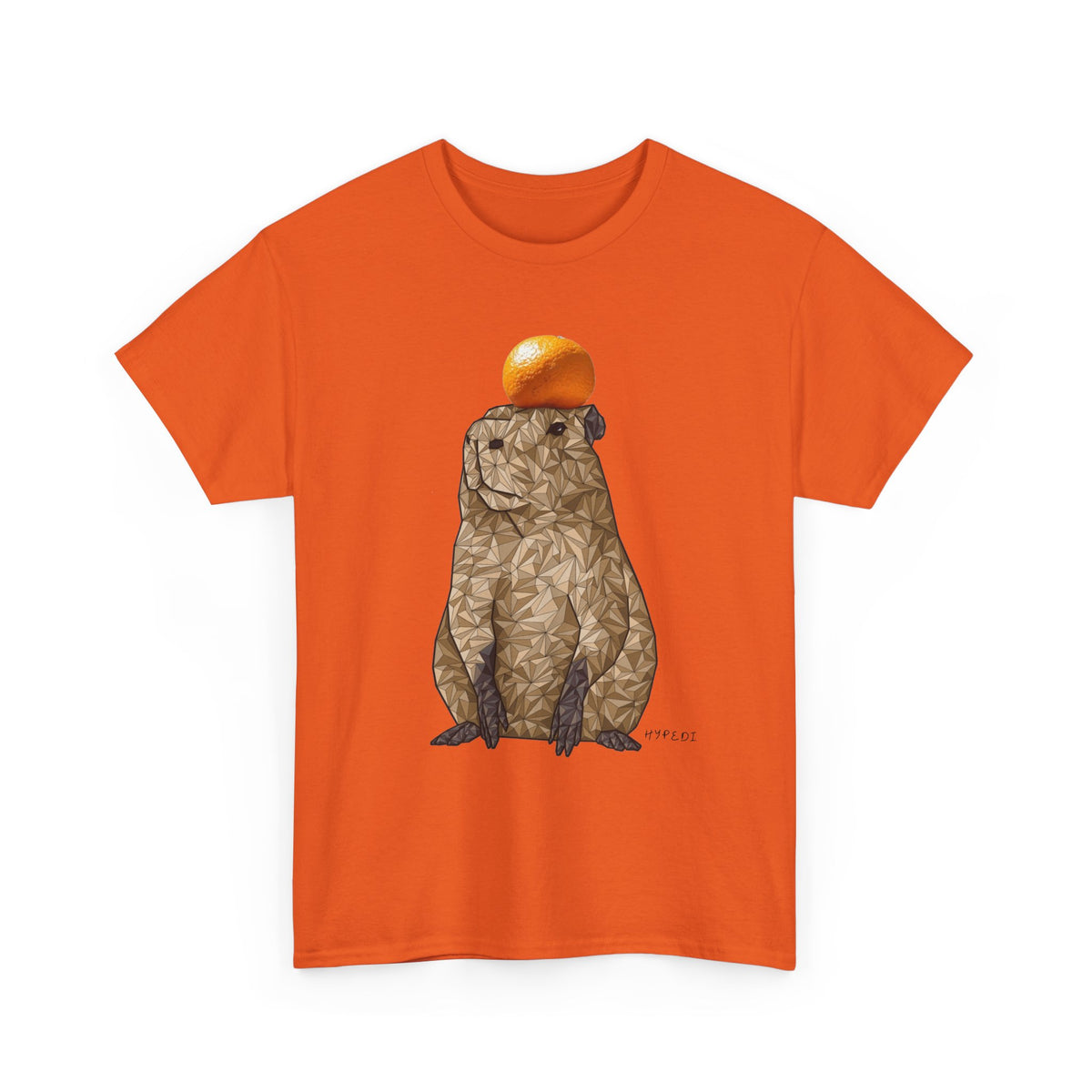 Unisex heavy cotton T-shirt, solid orange, capybara graphic with orange head