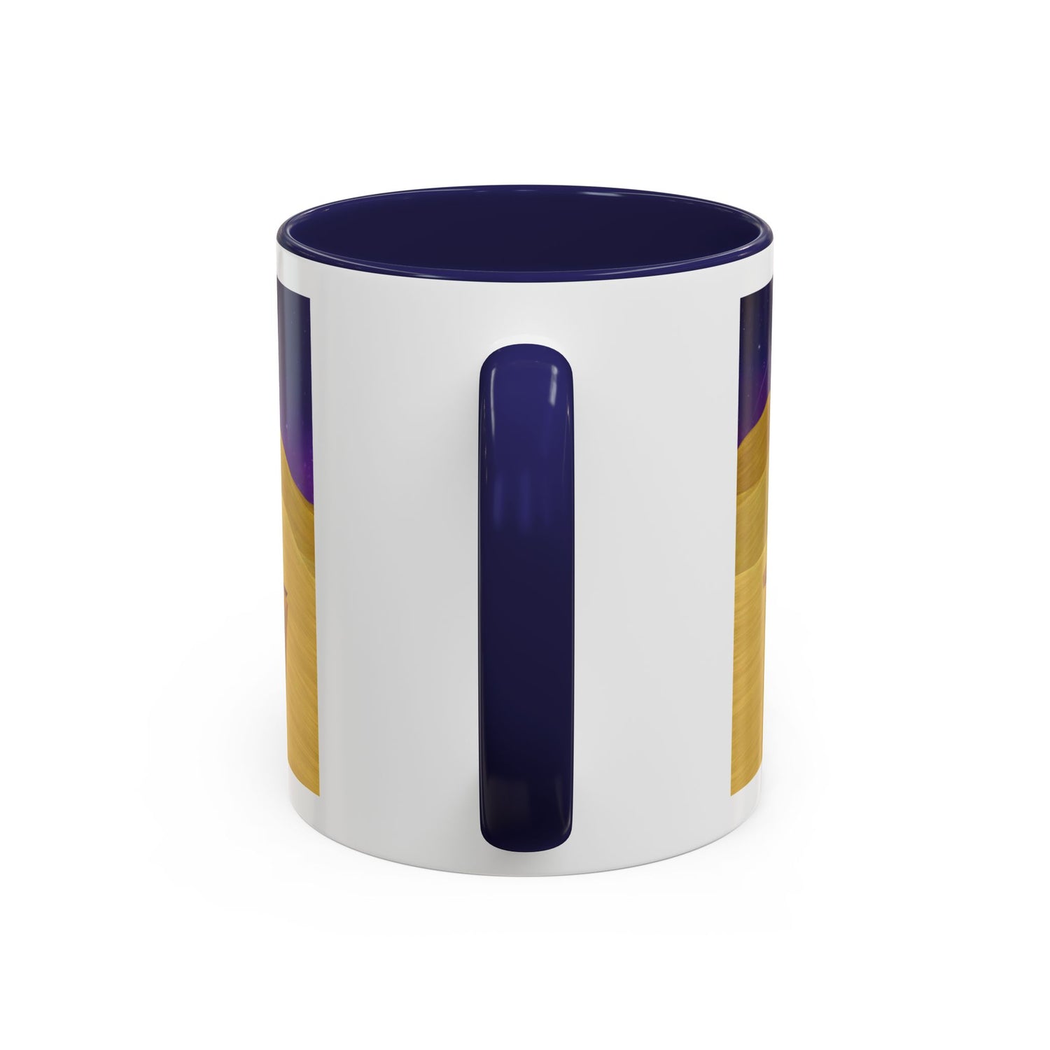 White coffee mug with blue rim and handle; vertical glossy panel on the front