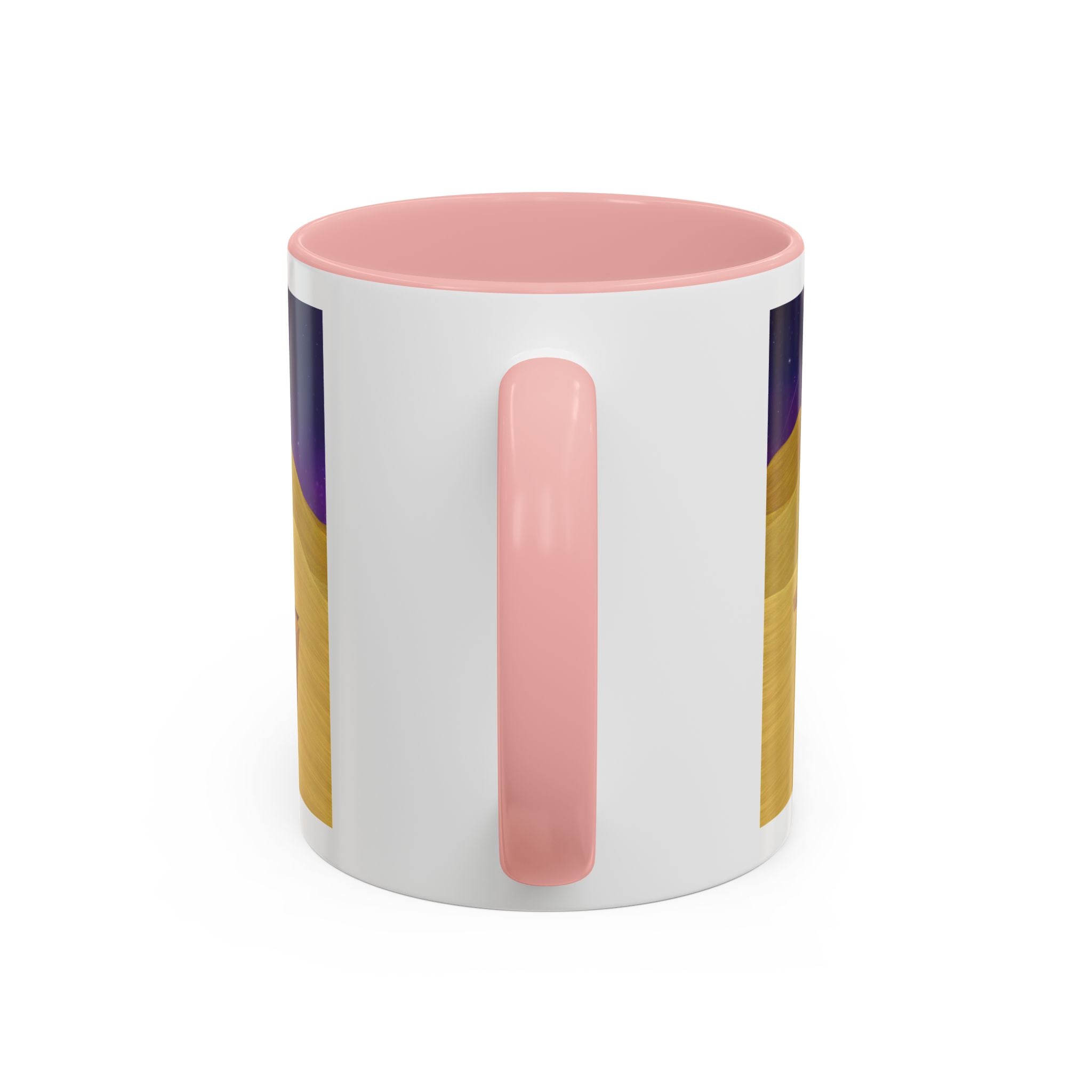 White coffee mug with navy rim and pink vertical accent stripe design on the side