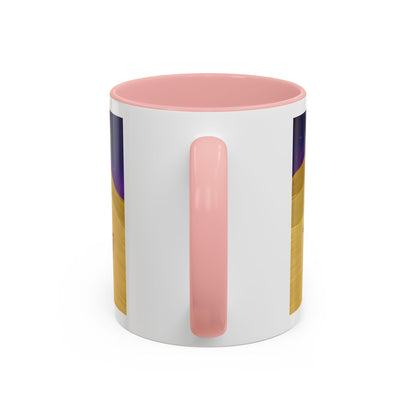 White coffee mug with navy rim and pink vertical accent stripe design on the side
