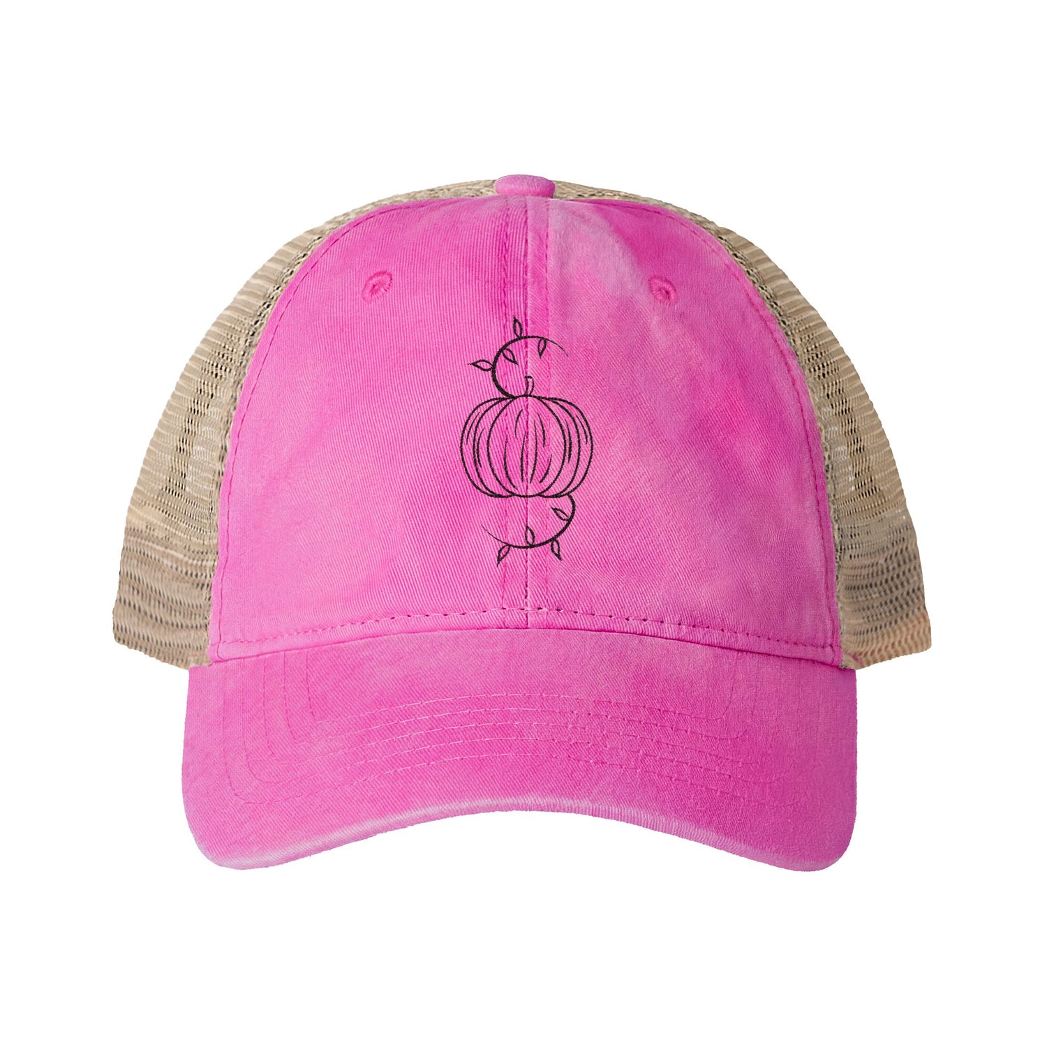 Washed mesh-back cap with dusty pink front, beige mesh back, and pumpkin logo embroidery