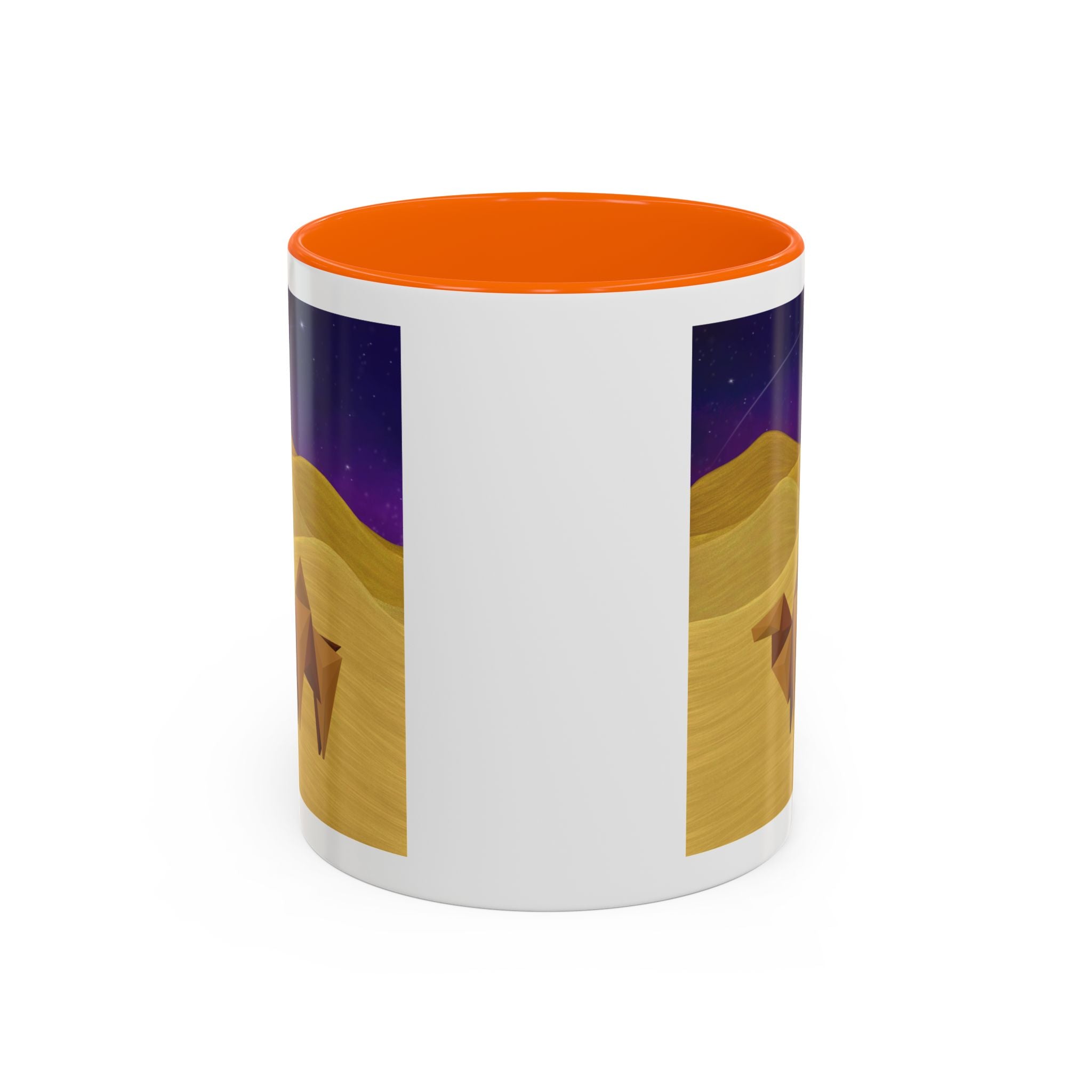 Coffee mug with origami camel night-sky graphic, white body, orange interior lid