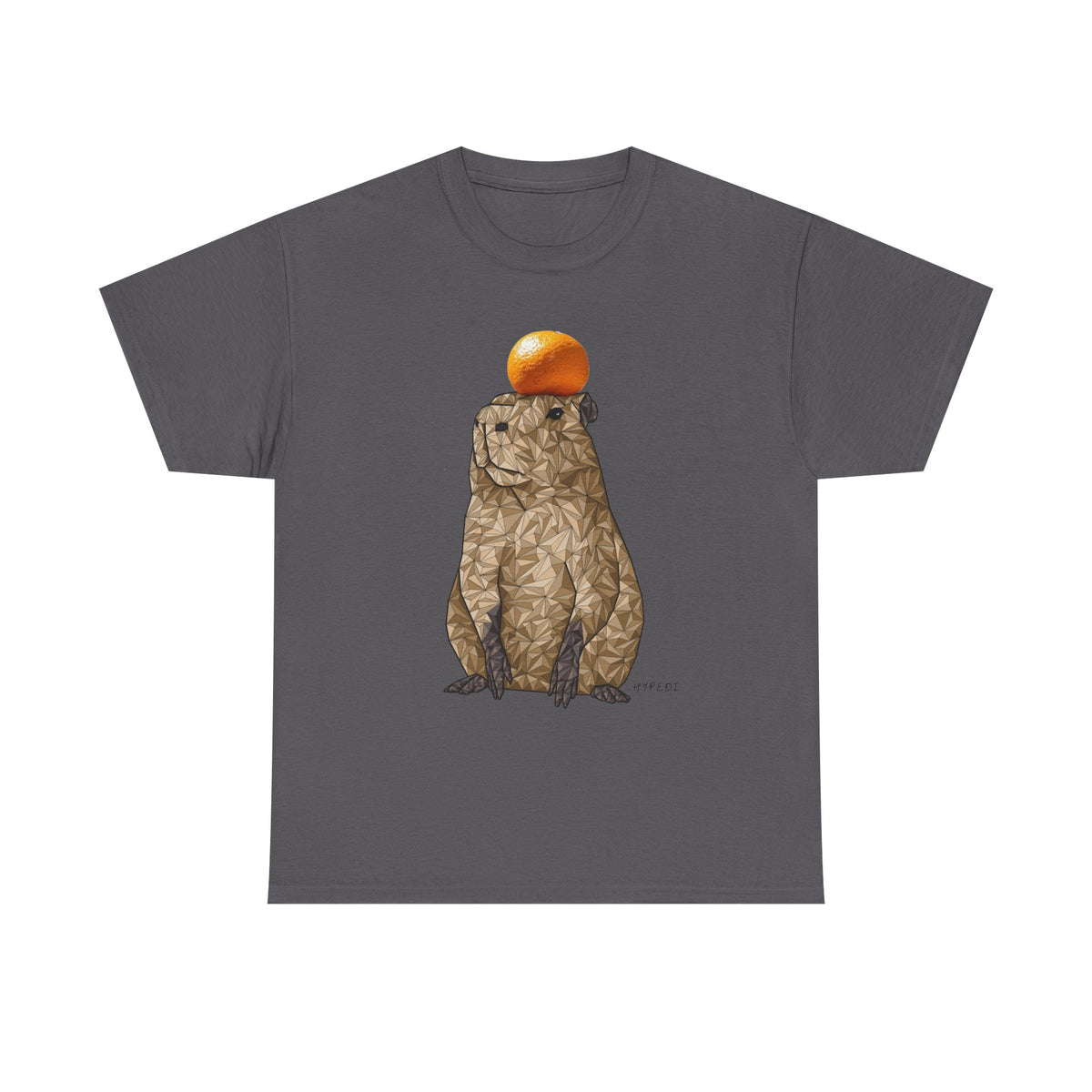 Unisex heavy cotton t-shirt in charcoal gray with capybara and orange hat graphic on front