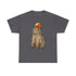 Unisex heavy cotton t-shirt in charcoal gray with capybara and orange hat graphic on front