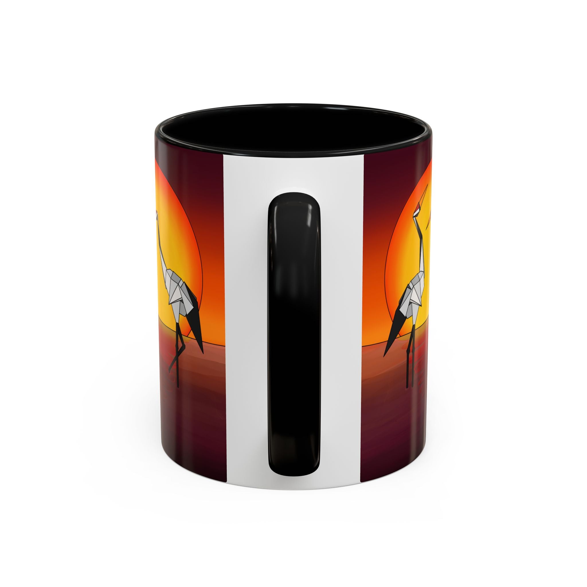 Black coffee mug with origami crane artwork and a vertical white panel