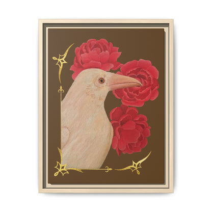 Framed canvas art print of a white raven with red peonies, natural wood frame