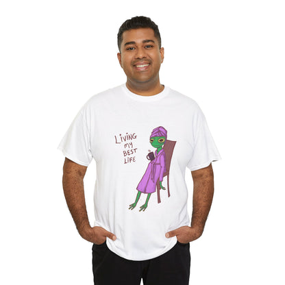 White graphic t-shirt on model: “Living my Best Life” text with character artwork