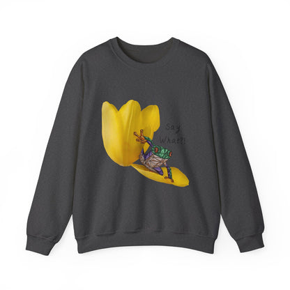 Dark gray crewneck sweatshirt with yellow tulip frog graphic and “Say What?!” text