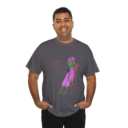 Charcoal graphic T-shirt worn by man, “Living my Best Life” character graphic
