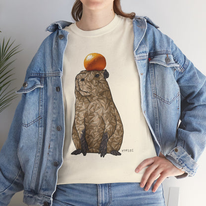 Unisex heavy cotton capybara t-shirt, cream, worn under blue denim jacket