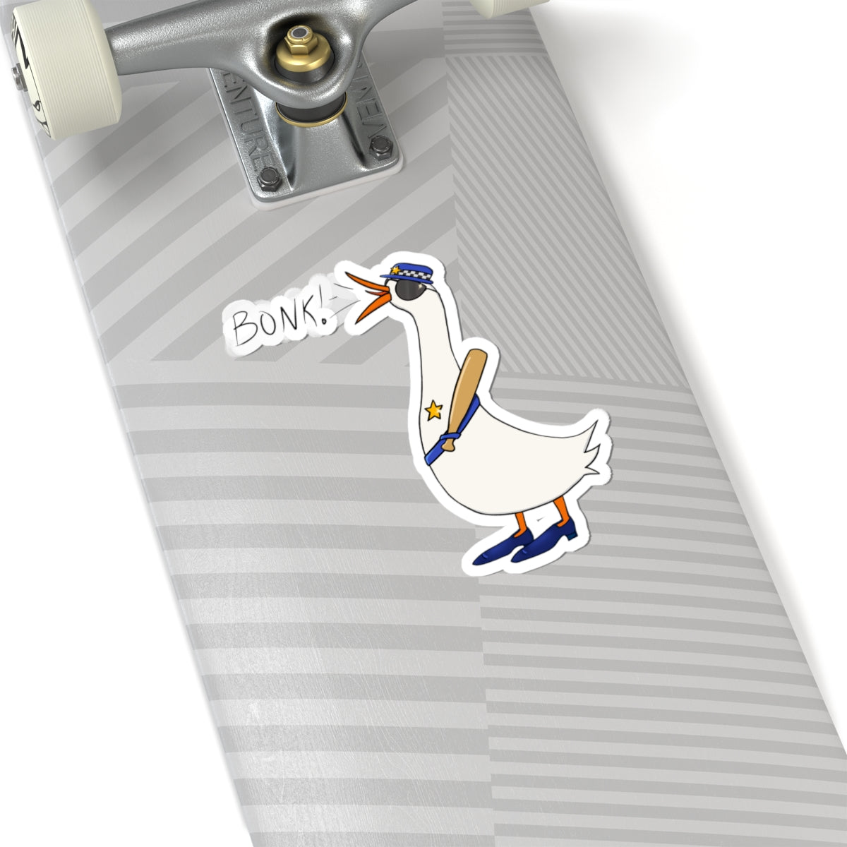 Kiss-cut sticker of a cartoon goose in blue uniform with “BONK!” text on a guitar case