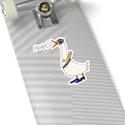 Kiss-cut sticker of a cartoon goose in blue uniform with “BONK!” text on a guitar case